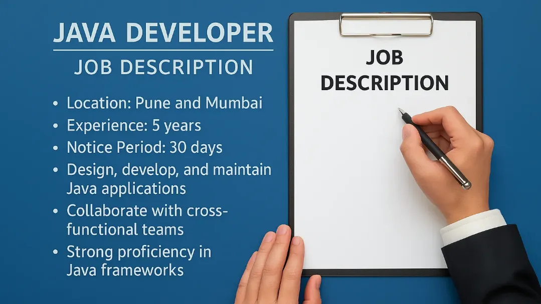 Illustration of a Java Developer job description highlighting skills, responsibilities, and qualifications for positions in Pune and Mumbai with 5 years of experience and a 30-day notice period – atsMantra Reads